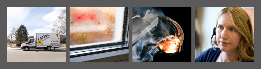 Four images. The first shows a 4-STAR Electric vehicle ready for service. The second is a humid window, indicating the need to monitor humidity to prevent rust and corrosion. The third is outdated fuse cords on fire, emphasizing the importance of upgrading to a modern circuit breaker. The fourth is a 4-STAR Electric representative on a call, ready to connect you with a technician.