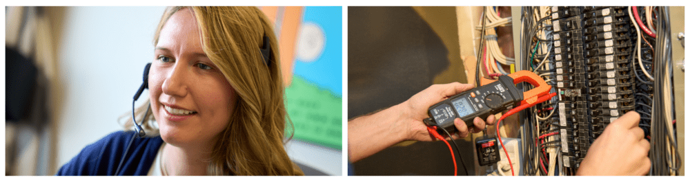 A 4-Star Electric representative assists a customer over the phone, highlighting their trusted residential and commercial inspection services. A professional electrician thoroughly inspects a home's electrical panel for safety and efficiency.