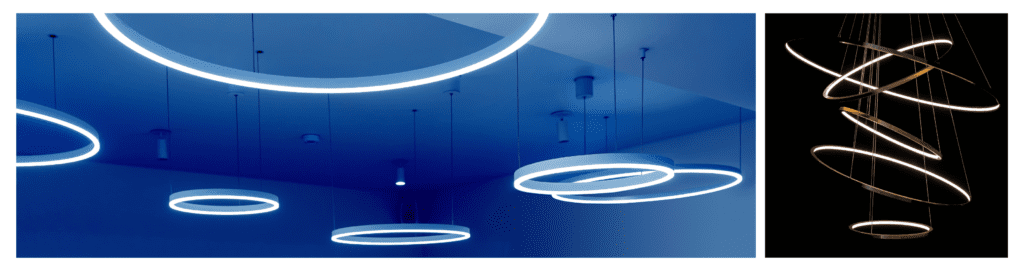 1. Ceiling with round modern LED lamps and suspended fluorescent lights.
2. LED chandelier composed of interconnected circles, emphasizing energy-saving and careful energy consumption.
Modern fixtures and controls provide brighter, more consistent light distribution with color settings for enhanced comfort and energy efficiency in homes.