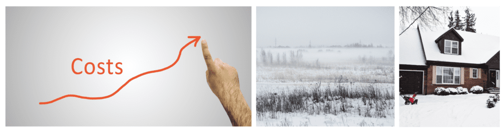 Hand marking the rise in costs on a whiteboard, illustrating the impact of increasing expenses.

Digging into the field during a winter temperature drop, emphasizing the harshness of cold weather.

A home blanketed in snow during winter, representing the challenges of cold seasons.