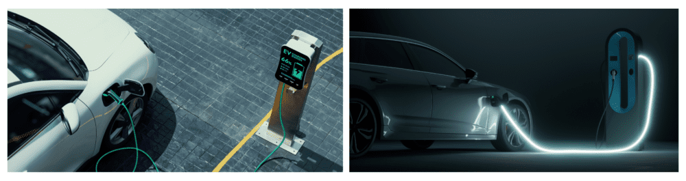 Aerial view of an electric car recharging at a public EV charging station in a city center parking lot, emphasizing the future of clean and sustainable energy. Additionally, an electric hybrid vehicle is shown charging inside a dark garage with a glowing cable, representing the renewable energy concept.