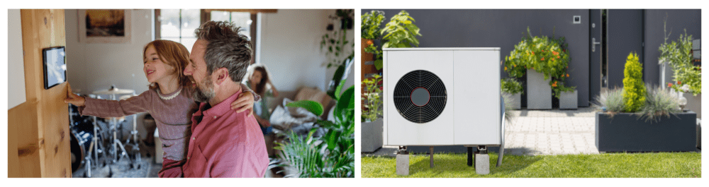 A girl assists her father in lowering the heating temperature on a thermostat, highlighting the concept of sustainable, efficient, and smart home heating technology.

A modern, white, compact heat pump installed in front of a house, showcasing energy-efficient home heating solutions.