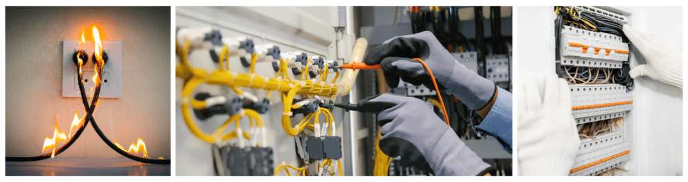 Electrical plug receptacle in a wall partition on fire due to a short circuit failure, with burnt wires, highlighting the importance of electrical codes in preventing hazards like fires, shocks, and system failures in commercial properties.

Electrical engineer testing electrical installations and wiring on protective relays with a multimeter, ensuring compliance with safety codes and standards for efficient performance.

Electrician installing or repairing an electrical panel, ensuring the system meets safety regulations to protect occupants and maintain smooth business operations while reducing energy costs