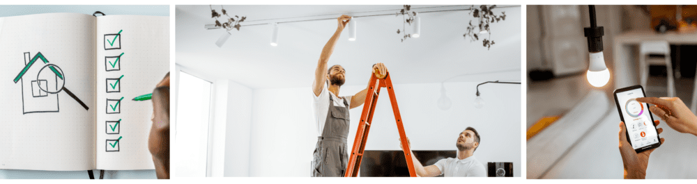 A house appraisal checklist on a dotted notepad features a drawn house and a magnifying glass alongside checkmark boxes marked with green. Regular professional electrical inspections should be included in every homeowner’s checklist, becoming especially important before undertaking any accessibility upgrades.

Two professional electricians are installing recessed lights while standing on a ladder in the room.

Controlling the temperature and intensity of light bulbs using a smartphone application exemplifies the concept of a smart home, allowing users to manage lighting effortlessly with mobile devices.