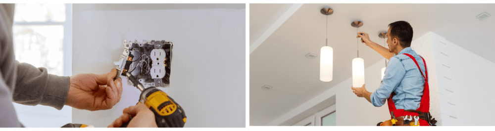An electrician installs electrical outlets, connecting wires and connectors to the plasterboard drywall in a residential home.

An electrician is installing a ceiling lamp, carefully connecting the fixtures to ensure proper functionality and safety.