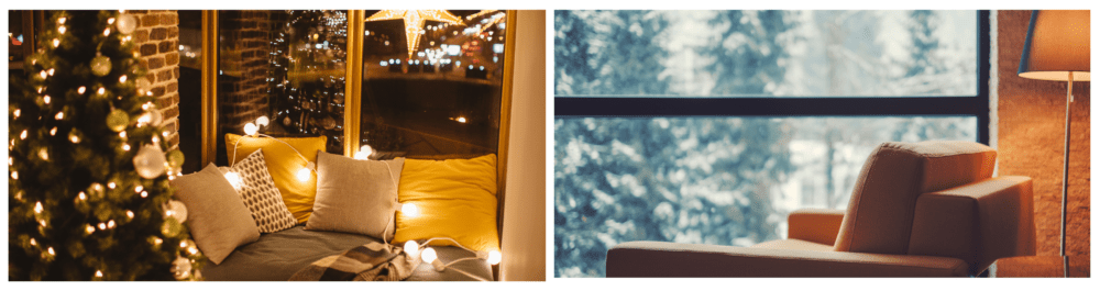 A cozy home interior decorated for Christmas, with lights draped over the sofa and pillows, and a brightly lit Christmas tree adorned with ornaments. The scene highlights the importance of being mindful of the strain on your home's electrical system during the winter. 

In another shot, a close-up of an armchair beside a standing lamp, with a wintery landscape visible through the window.