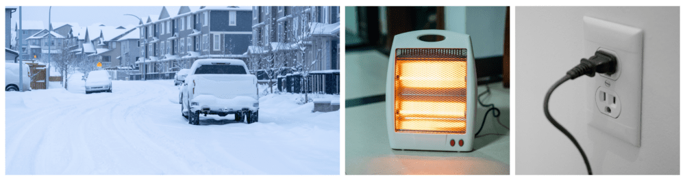 A snow-covered suburban street in Calgary, with below-freezing temperatures and limited sunlight, highlighting the reliance on electricity in winter.

An electric space heater next to a wall outlet illustrates how space heaters offer localized warmth. However, improper use can reduce efficiency and increase fire risk.