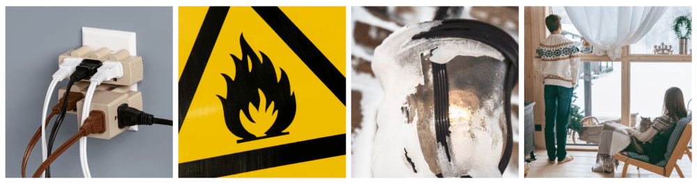 An electrical outlet overloaded with extension cords and adapters, posing a fire hazard and risk of circuit overload. A yellow and black fire hazard warning sign emphasizes the danger. 

An outdoor light fixture covered in snow during a blizzard.

A young couple in sweaters relaxes indoors, looking out at the snow-covered landscape. The image emphasizes the need for a reliable power supply for home safety.