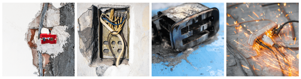 Exposed live wires on an exterior wall.

A household toaster burned on the ground, covered in water, signaling an electrical emergency.

Sparks coming from an electrical outlet, indicating a short circuit.