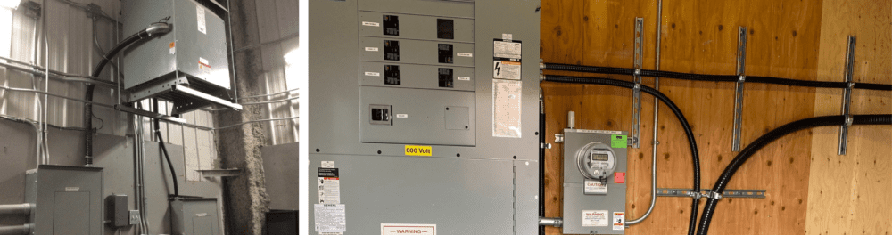 A commercial utility room showcasing proper electrical installation to and from a commercial grade electrical panel.